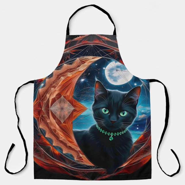 Mystical Black Cat Celestial Mandala Apron (Front)
