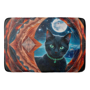 Mystical Black Cat  Celestial Mandala Bath Mat
