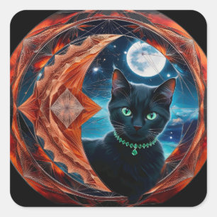 Mystical  Black Cat Celestial Mandala  Square Sticker