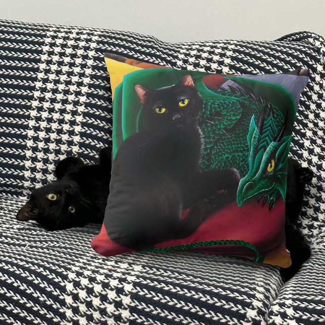 Mystical Black Cat Emerald Green Dragon Fantasy Cushion (Creator Uploaded)