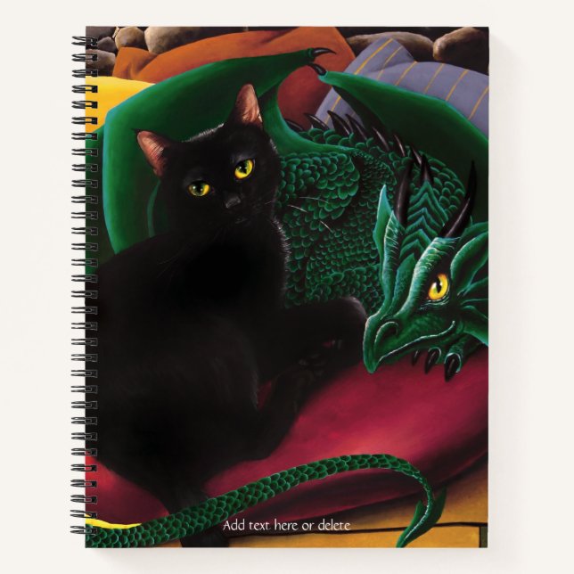 Mystical Black Cat Emerald Green Dragon Fantasy Notebook (Front)