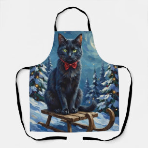 Mystical Black Cat Enchanted Winter Sled Christmas Apron