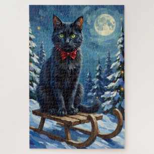 Mystical Black Cat Enchanted Winter Sled Christmas Jigsaw Puzzle