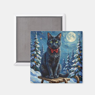 Mystical Black Cat Enchanted Winter Sled Christmas Magnet