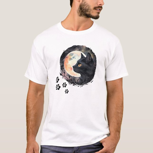  Mystical Black Cat & Full Moon Watercolor Art  T-Shirt (Front)