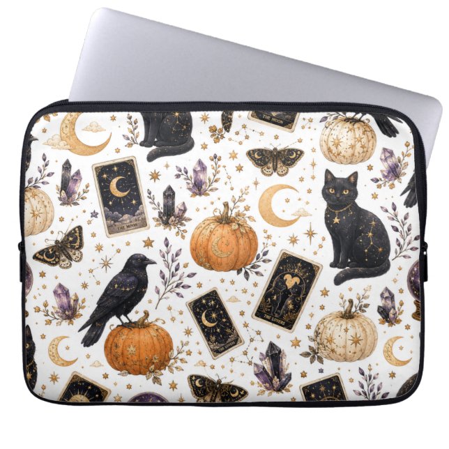 Mystical Black Cat Halloween Celestial Tarot  Laptop Sleeve (Front)