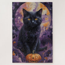 Mystical Black Cat Halloween Pumpkins Moonlight 
