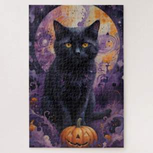 Mystical Black Cat Halloween Pumpkins Moonlight Jigsaw Puzzle