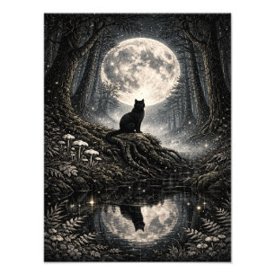 Mystical Black Cat Under Full Moon Forest Poster