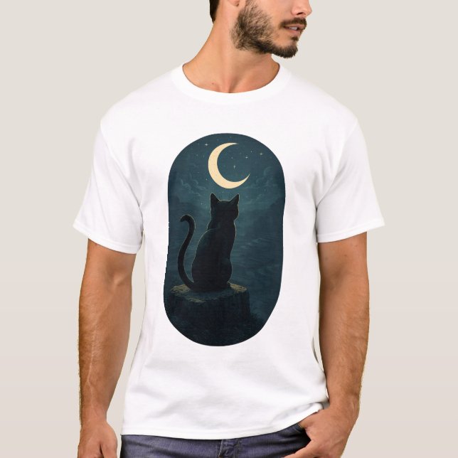 Mystical Black Cat Under the Crescent Moon T-Shirt (Front)
