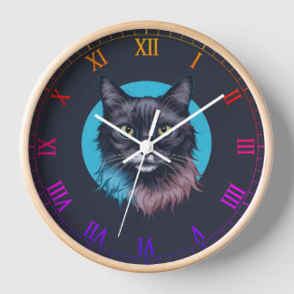 Mystical Black Cat Wall Clock, Colourful Cat Art, Clock