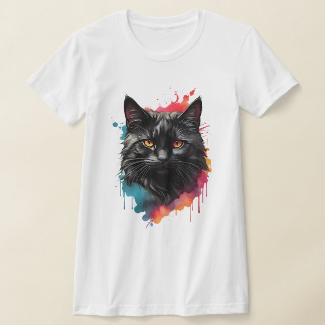 Mystical Black Cat Watercolor Splash Art  T-Shirt (Laydown)