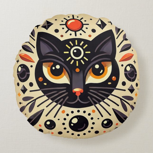 Mystical Black Cat With Cosmic Geometry  Round Cushion (Front)