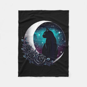 Mystical Black Cat With Moon And Roses Celestial Fleece Blanket