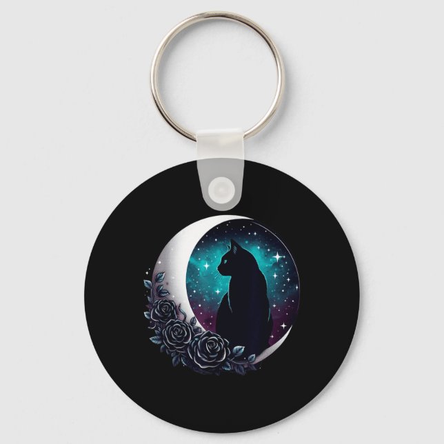 Mystical Black Cat With Moon And Roses Celestial Key Ring (Front)