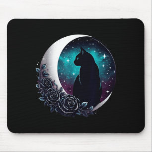 Mystical Black Cat With Moon And Roses Celestial Mouse Pad