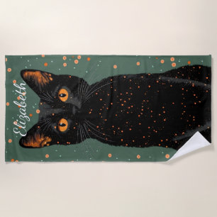 Mystical Black Cat with Orange Eyes and Glitter Beach Towel