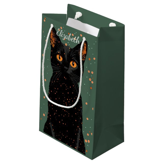Mystical Black Cat with Orange Eyes and Glitter Small Gift Bag (Back Angled)