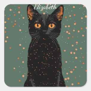 Mystical Black Cat with Orange Eyes and Glitter Square Sticker