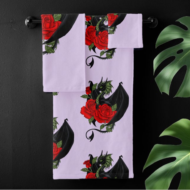 Mystical Black Dragon Red Roses Lavender Gothic Bath Towel Set (Creator Uploaded)