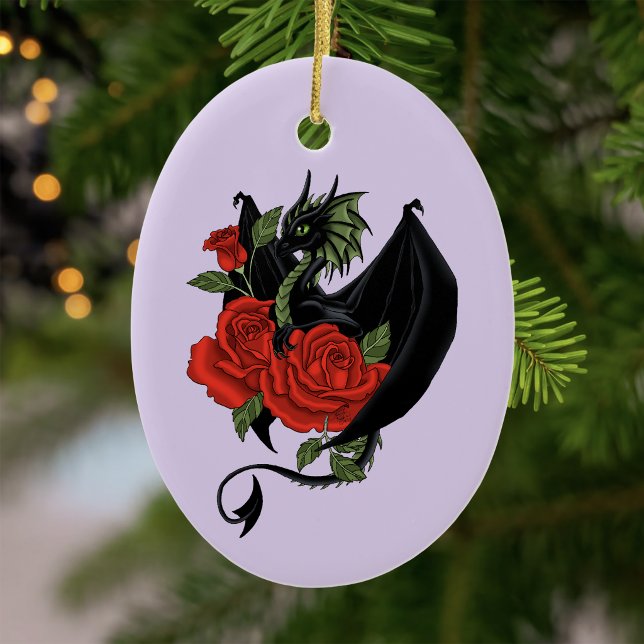 Mystical Black Dragon Red Roses Lavender Gothic Ceramic Tree Decoration (Creator Uploaded)