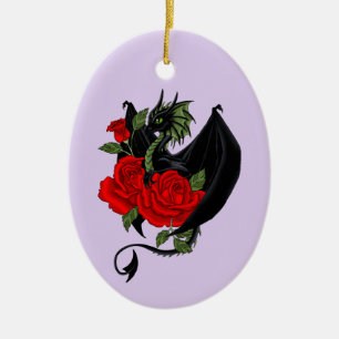 Mystical Black Dragon Red Roses Lavender Gothic Ceramic Tree Decoration