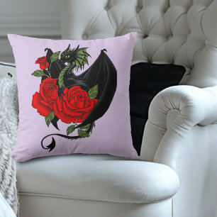 Mystical Black Dragon Red Roses Lavender Gothic Cushion