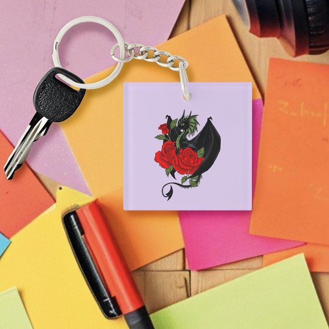 Mystical Black Dragon Red Roses Lavender Gothic  Key Ring (Creator Uploaded)