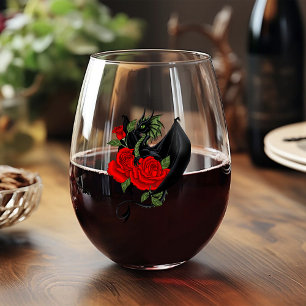 Mystical Black Dragon Red Roses Lavender Gothic Stemless Wine Glass