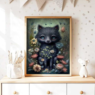 Mystical Black Fox Nursery Wall Art Print   Fox