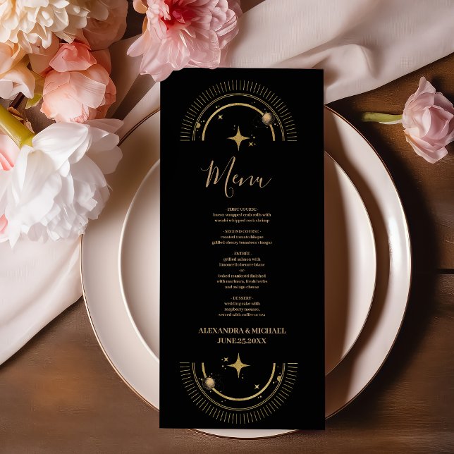 Mystical Black Gold Celestial Galaxy Wedding Menu (Creator Uploaded)