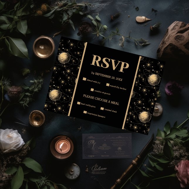Mystical Black Gold Celestial Galaxy Wedding RSVP Card (Creator Uploaded)