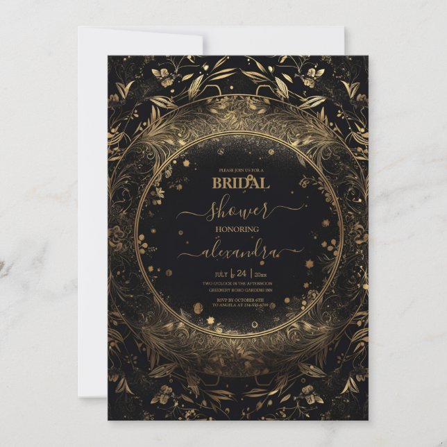 Mystical Black Gold Celestial Stars Bridal Shower Invitation (Front)
