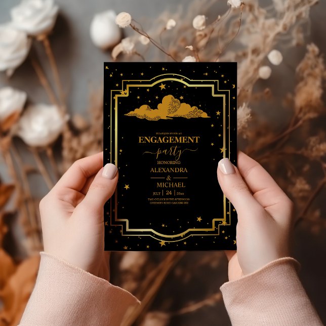 Mystical Black Gold Celestial Stars Engagement Invitation (Creator Uploaded)