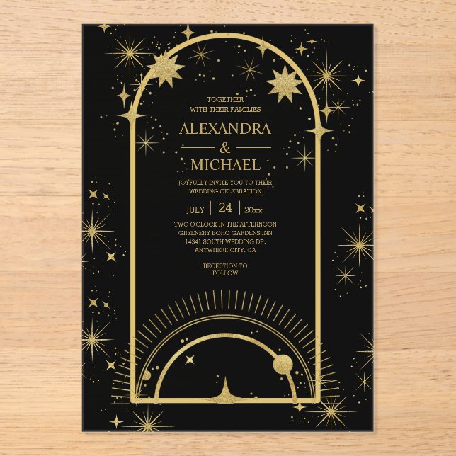 Mystical Black Gold Celestial Stars Wedding  Acrylic Invitations (Front)