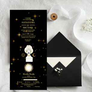 Mystical Black Gold Celestial Stars Wedding All In One Invitation