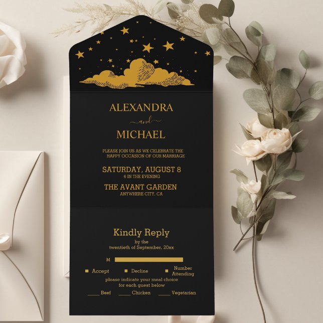 Mystical Black Gold Celestial Stars Wedding  All In One Invitation (Creator Uploaded)