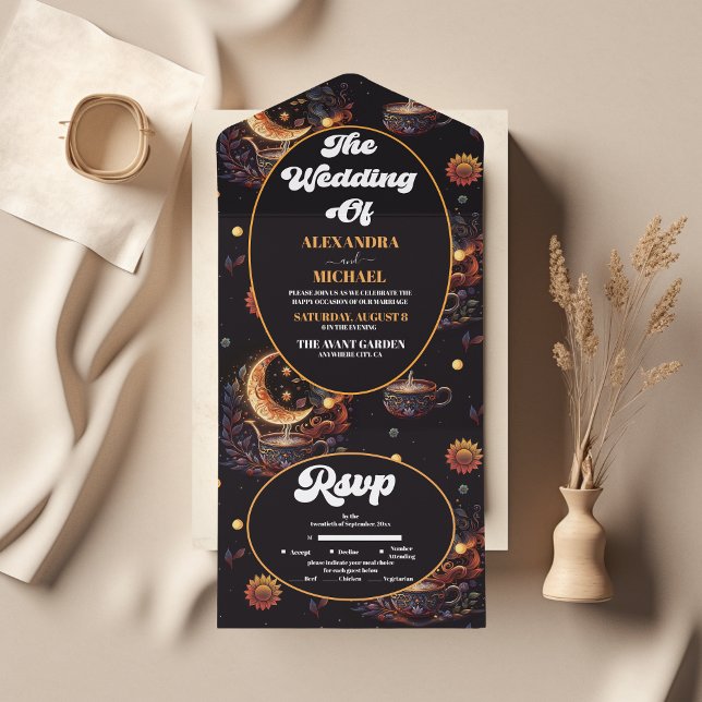 Mystical Black Gold Celestial Stars Wedding All In One Invitation (Creator Uploaded)