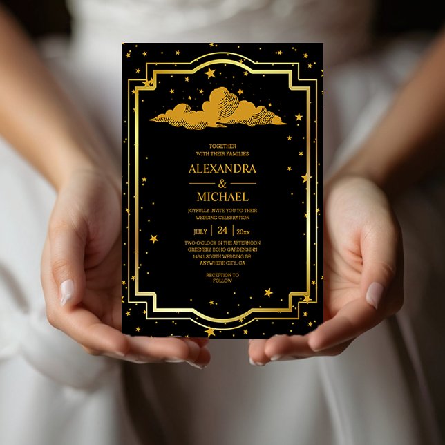 Mystical Black Gold Celestial Stars Wedding  Invit Invitation (Creator Uploaded)