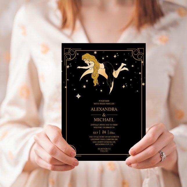Mystical Black Gold Celestial Stars Wedding  Invit Invitation (Creator Uploaded)