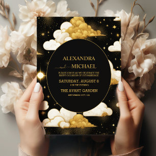 Mystical Black Gold Celestial Stars Wedding Invitation