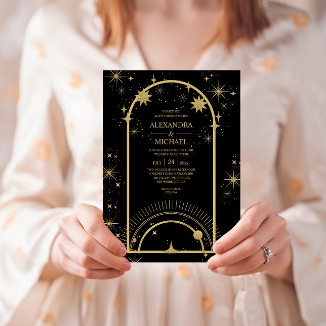 Mystical Black Gold Celestial Stars Wedding  Invitation (Creator Uploaded)