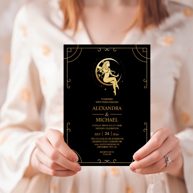Mystical Black Gold Celestial Stars Wedding  Invitation (Creator Uploaded)