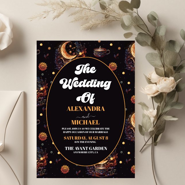 Mystical Black Gold Celestial Stars Wedding Invitation (Creator Uploaded)