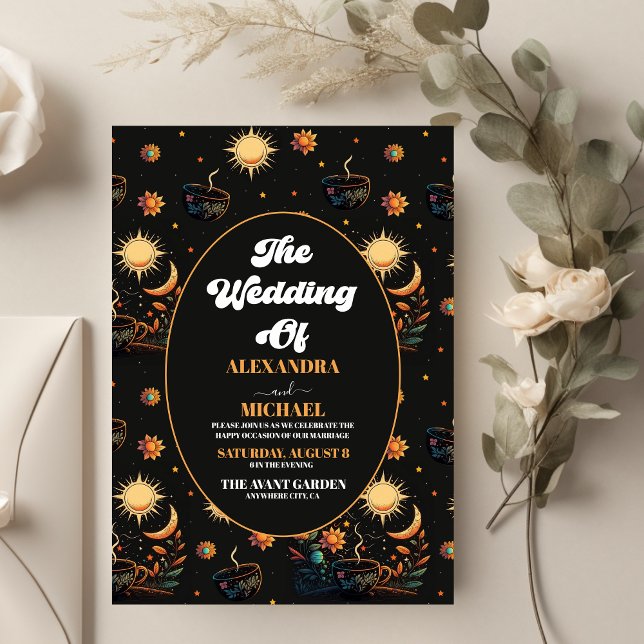 Mystical Black Gold Celestial Stars Wedding Invitation (Creator Uploaded)