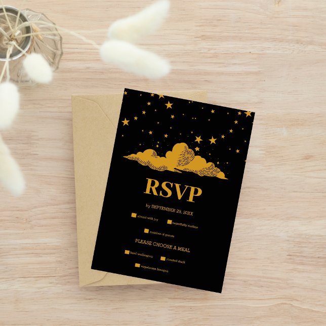 Mystical Black Gold Celestial Stars Wedding  RSVP Card (Creator Uploaded)