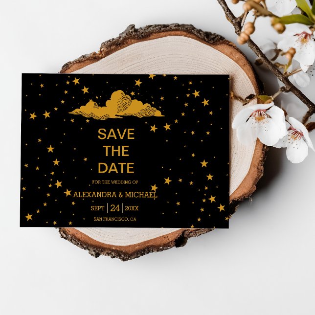 Mystical Black Gold Celestial Stars Wedding  Save The Date (Creator Uploaded)