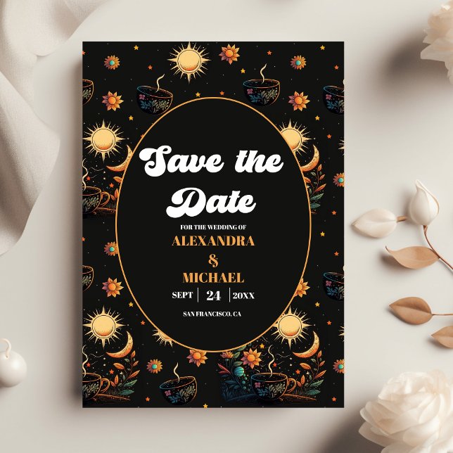 Mystical Black Gold Celestial Stars Wedding Save The Date (Creator Uploaded)