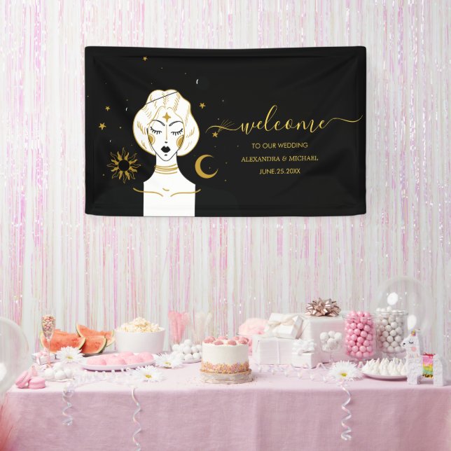 Mystical Black Gold Celestial Sun Wedding Banner (Party)