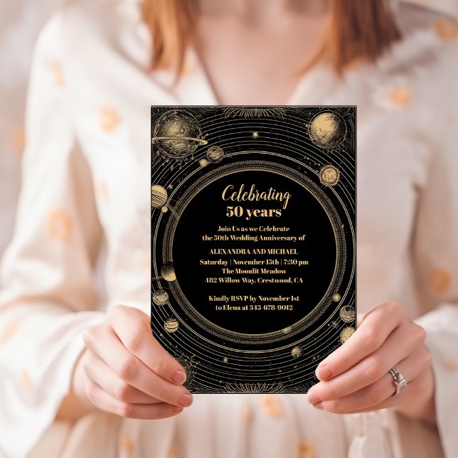Mystical Black Gold Celestial Wedding Anniversary Invitation (Creator Uploaded)
